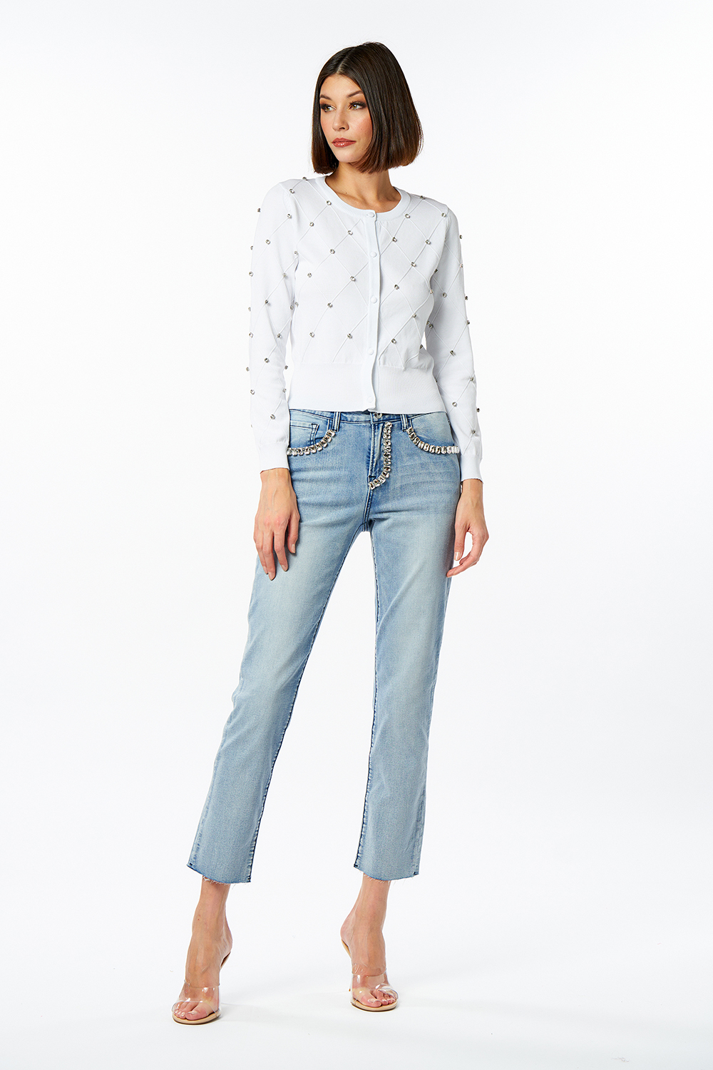 Cardigan rombie diamanti — Bianco, foto 4