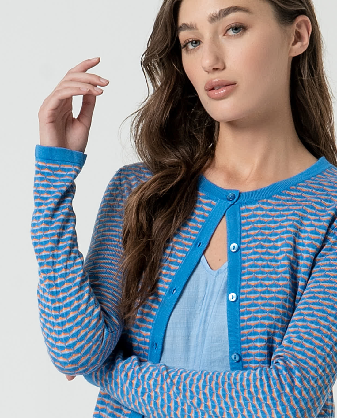 Cardigan aderente girocollo — Blu, foto 6