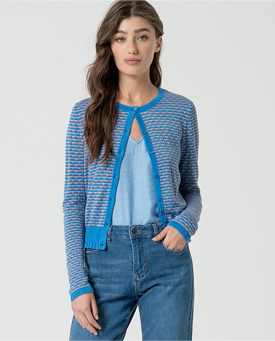 Cardigan aderente girocollo — Blu, foto 5